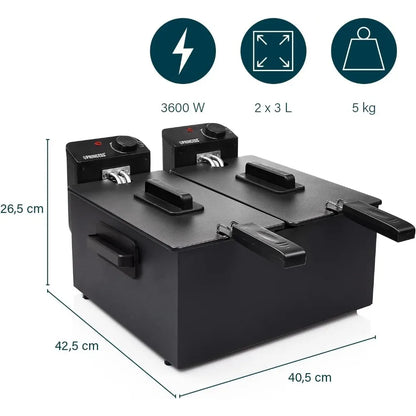 Elektrische Doppel-Fritteuse, 2 × 3 L, 8 Portionen, 3600 W, Schwarz