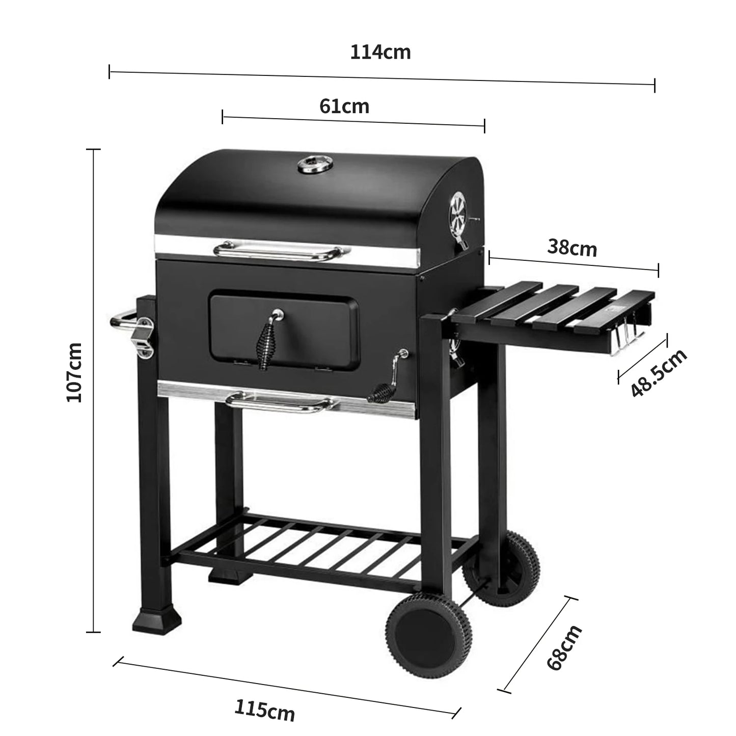 Holzkohle-Grillwagen mit Deckel, Grillrost, Thermometer und Edelstahlgriff, Grillfläche 56 × 41,5 cm
