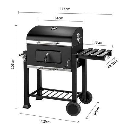 Holzkohle-Grillwagen mit Deckel, Grillrost, Thermometer und Edelstahlgriff, Grillfläche 56 × 41,5 cm