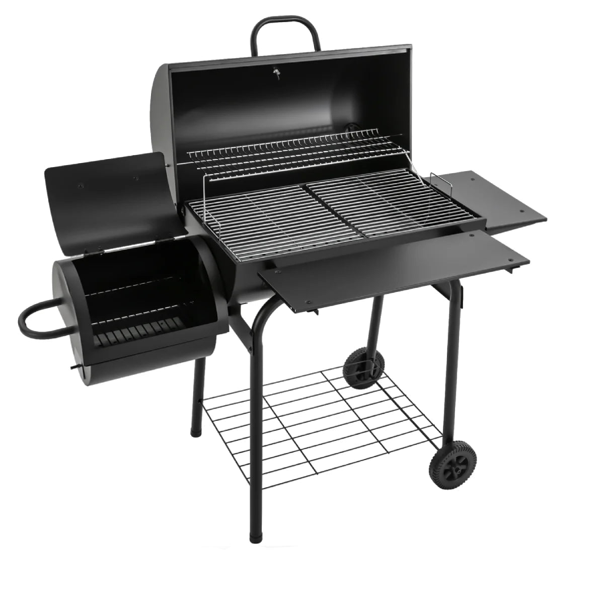 Freistehender Holzkohlegrill mit Beistelltisch, Ablageflächen und Rollen, robuste Stahlkonstruktion