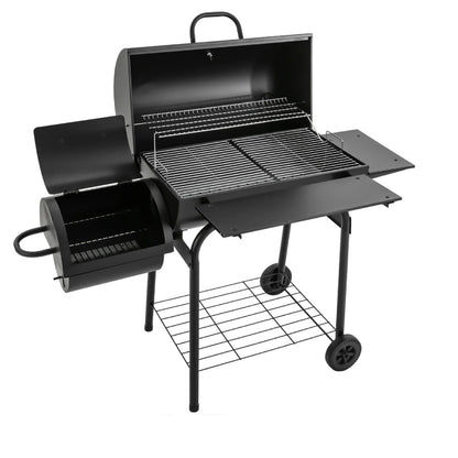 Freistehender Holzkohlegrill mit Beistelltisch, Ablageflächen und Rollen, robuste Stahlkonstruktion