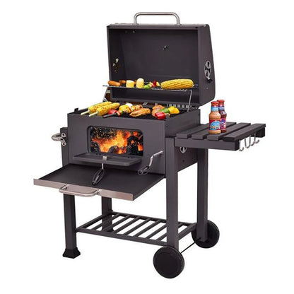 Holzkohle-Grillwagen mit Deckel, Grillrost, Thermometer und Edelstahlgriff, Grillfläche 56 × 41,5 cm