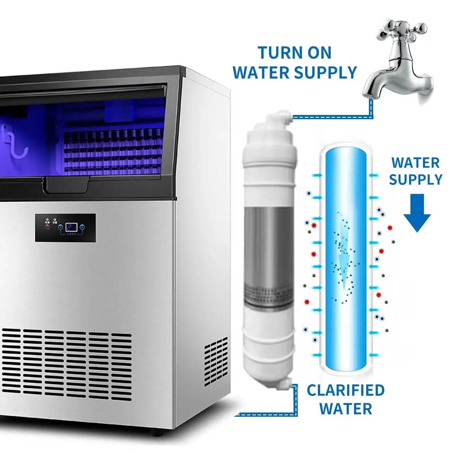 Gewerbliche Eiswürfelmaschine 60 kg/24 h, Edelstahl, leiser Betrieb, 220 V