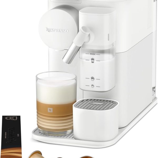 Kaffeekapselmaschine mit automatischem Milchsystem + 100 Kapseln GRATIS, One-Touch-Funktion, 19 Bar, 1L Wassertank, 5 Kaffeespezialitäten, Weiß