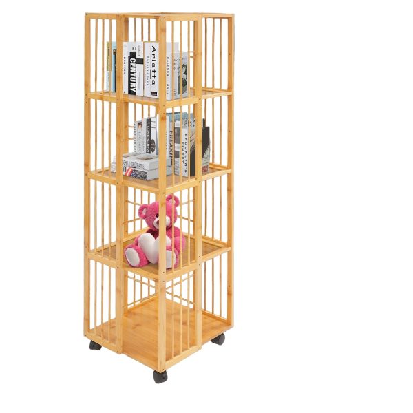 Drehbares Eck-Bücherregal – Bodenstehendes 5-stöckiges offenes Regal aus Bambus und Faserplatte, mit Rollen